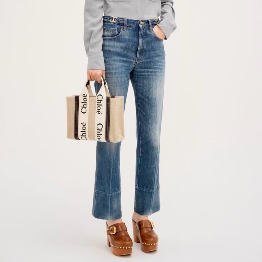Chloé Beige Canvas Mini Woody Tote with Blue Trim and Logo Straps - Picture 5 of 10
